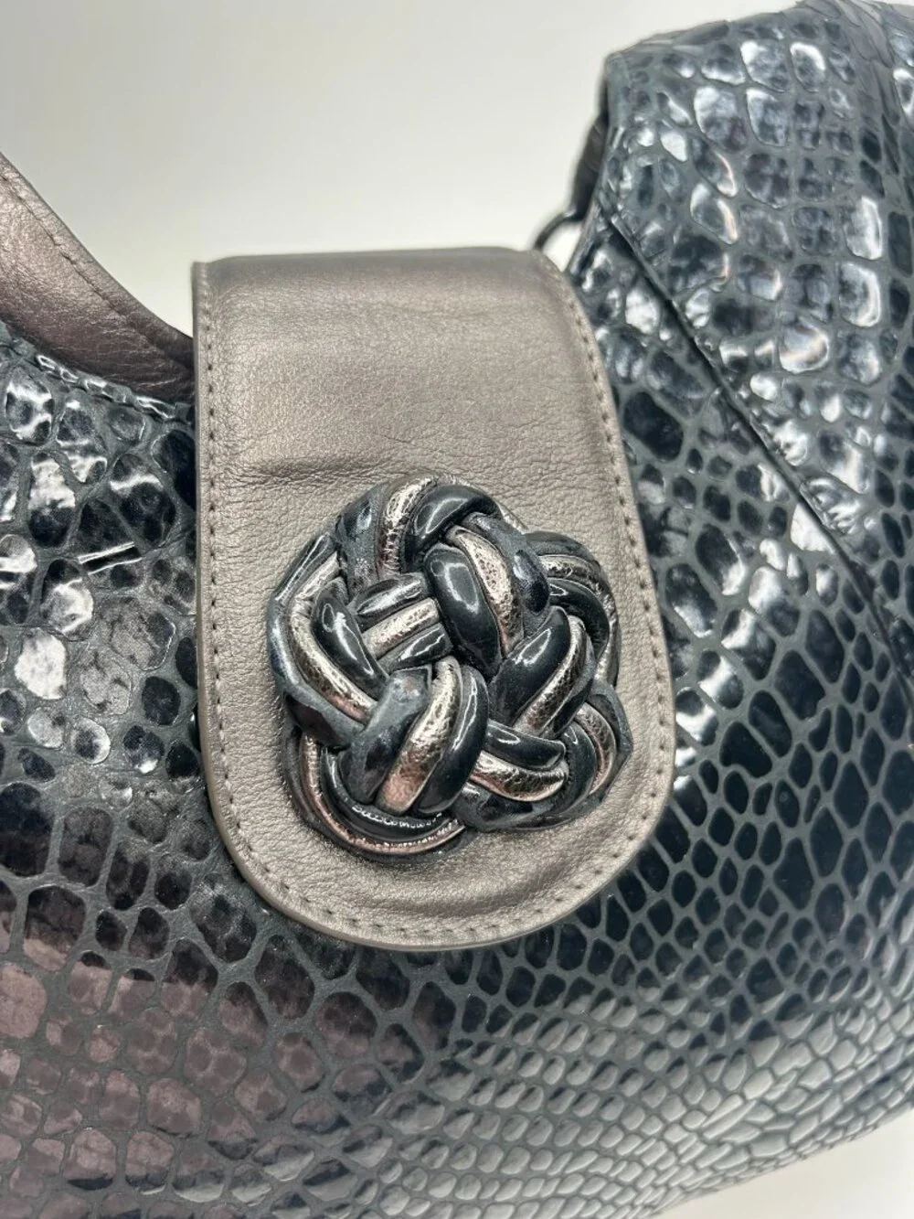 BRIGHTON Black Patent Snakeskin Embossed Leather Women's Hobo Shoulder Bag